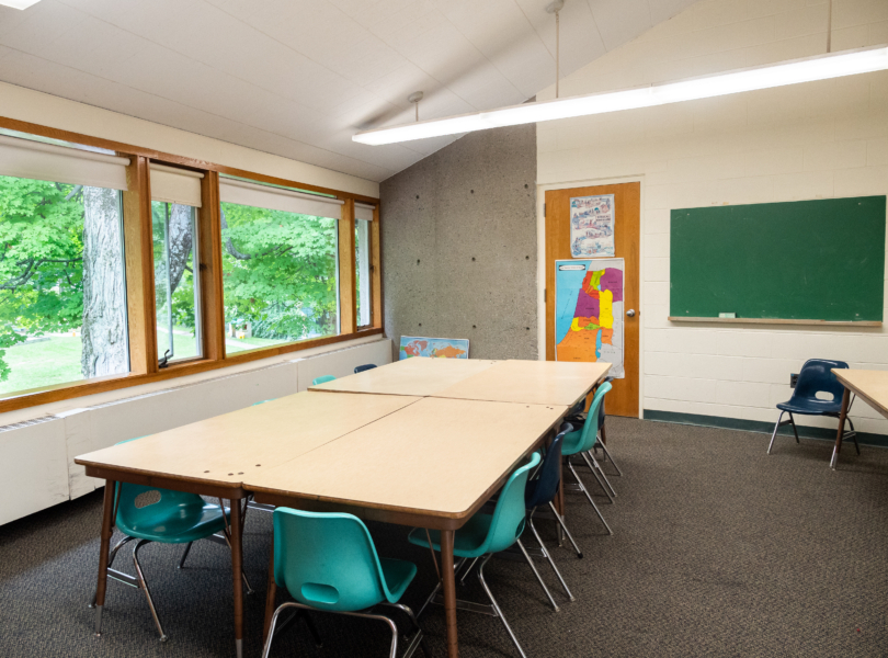 A classroom table and chairs