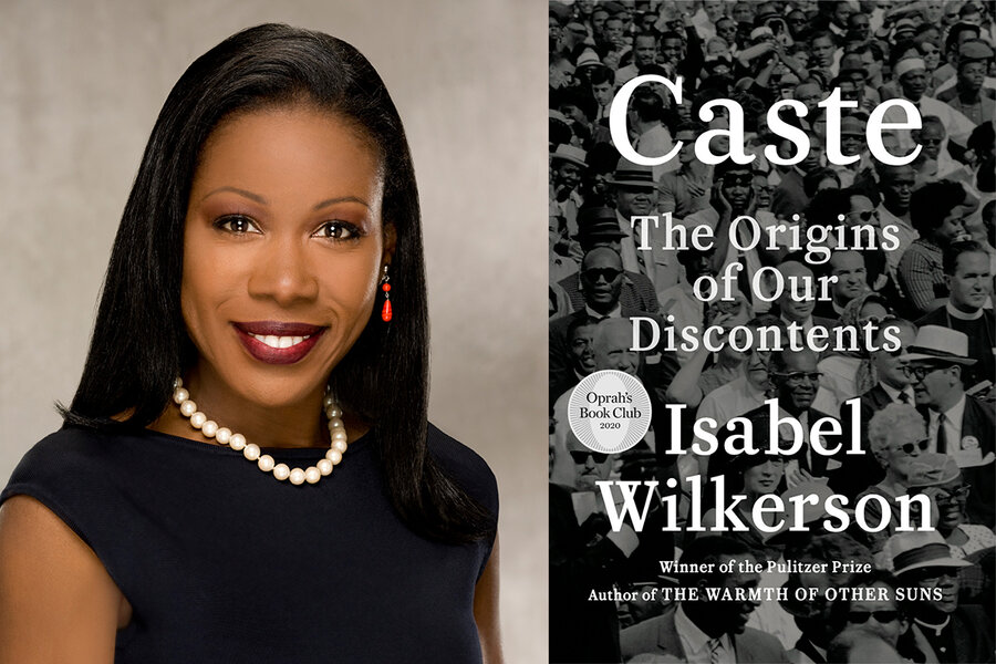 Headshot of Isabel Wilkerson next to an image of the cover of her book, Caste